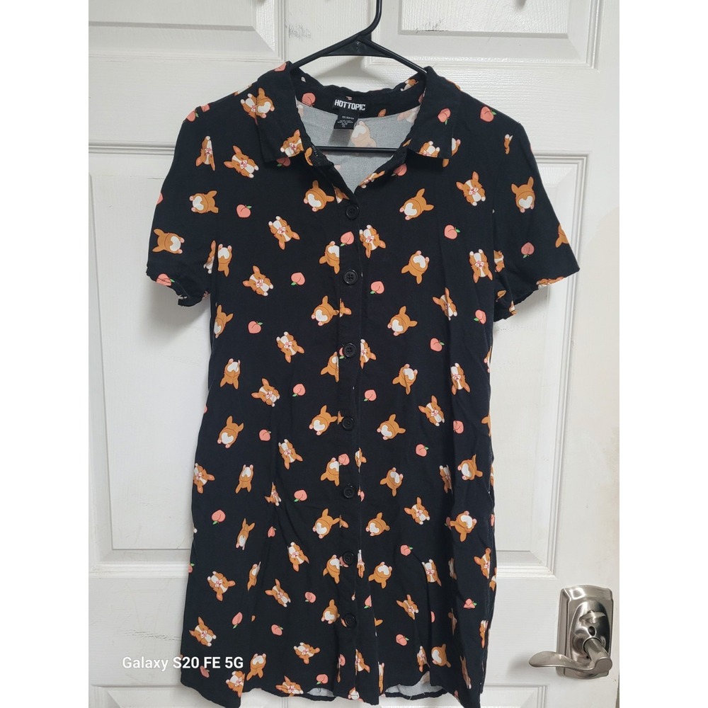 Authentic Hot Topic Woven Button Up Corgi and Peach Hipster Dress With Pockets